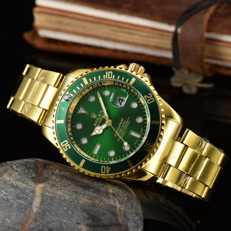 Relógio Luxo Masculino Estilo Rolex Submariner – Dourado com Mostrador Verde